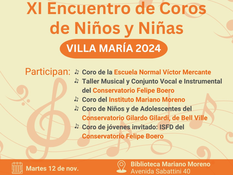 Villa María será sede del "XI Encuentro de Coros de Niños y Niñas"