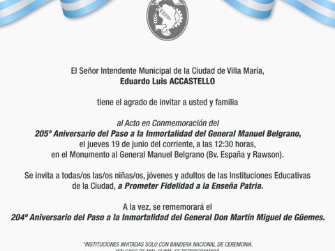 Villa María conmemorará el 205° aniversario del paso a la inmortalidad del General Manuel Belgrano