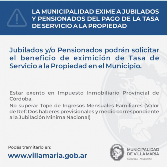Villa María: Eximición de la tasa de servicio a la propiedad a jubilados y/o pensionados
