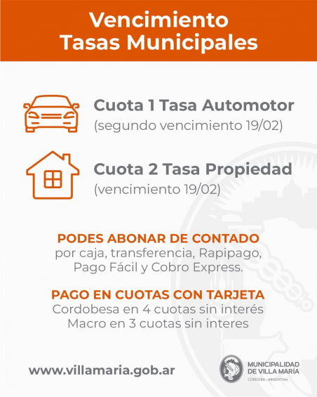 Villa María: Vencimiento de Tasas Municipales: El 19 de febrero vencen las tasas del automotor y la propiedad