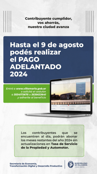 Villa María: Pago adelantado: Contribuyentes pueden solicitar cedulones de Tasas Municipales vía WhatsApp