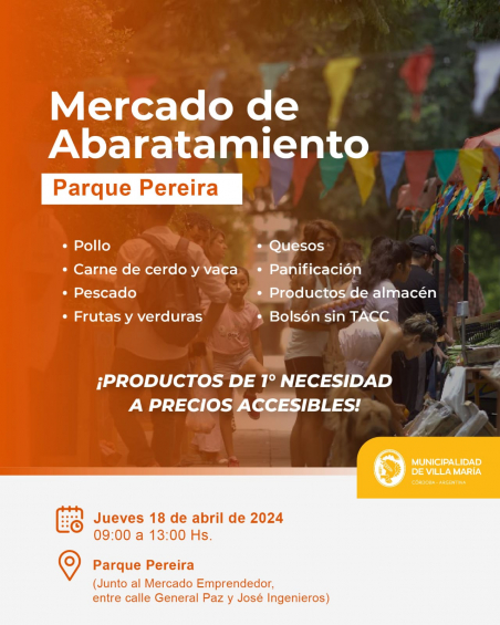 Villa María: El Mercado de Abaratamiento se traslada este jueves al Parque Pereira y Domínguez