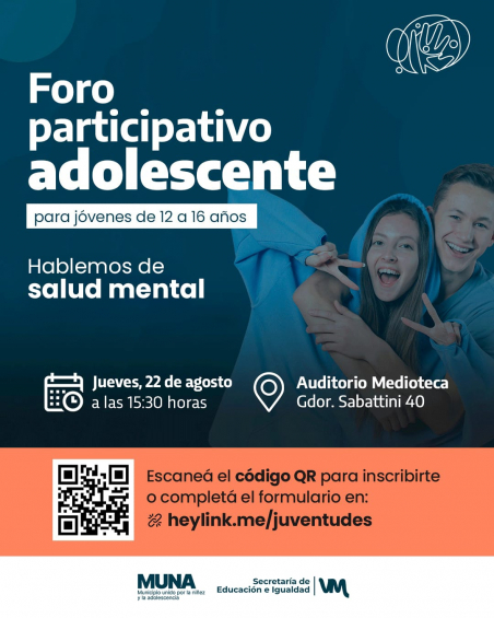 Villa María: Se realizará un foro participativo adolescente sobre salud mental