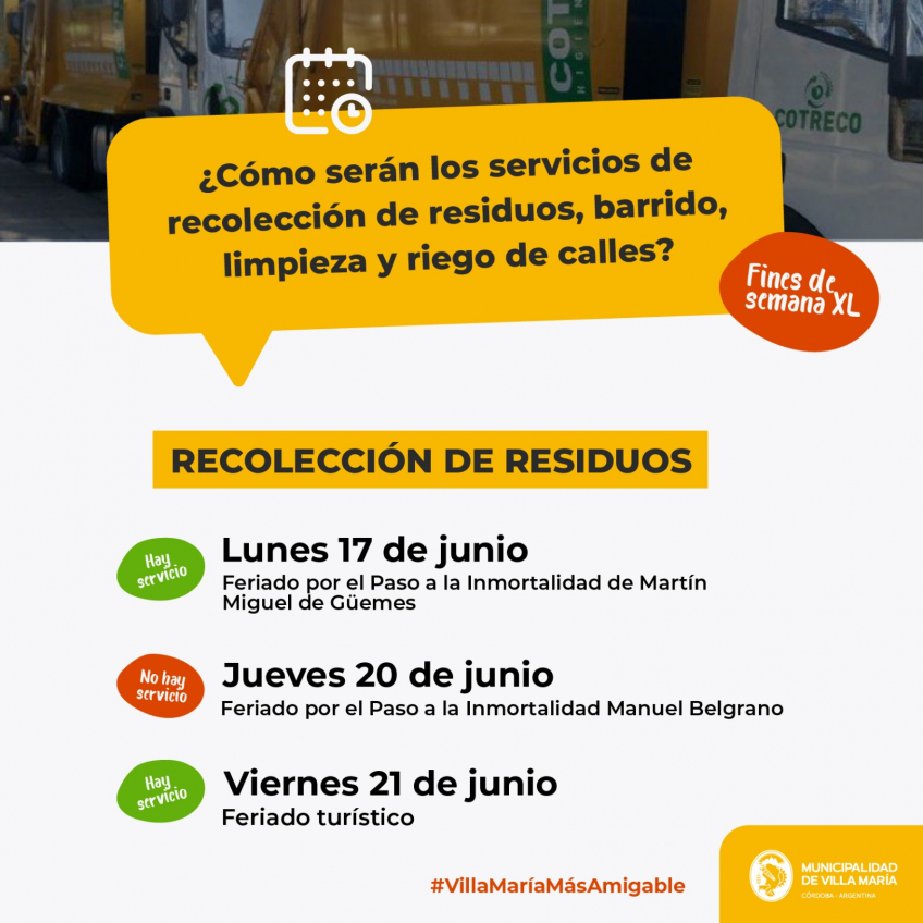 Villa María: Fines de semana extendidos: Cómo serán los servicios de recolección de residuos, barrido, limpieza y riego de calles